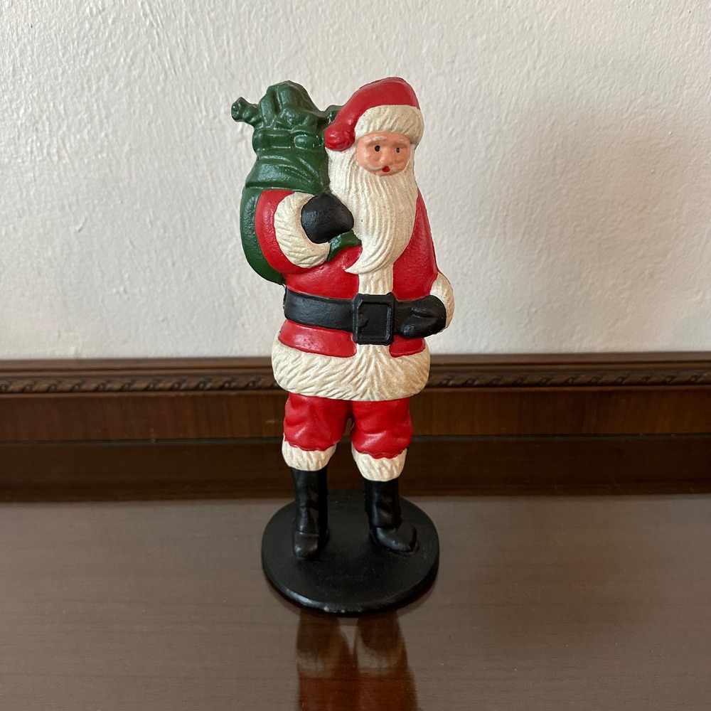 Vintage Cast Iron Santa Claus Coin Bank 10.5 Inch Christmas Figurine Red Green